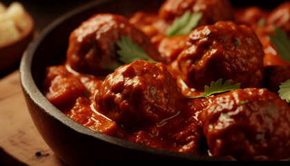 Meatballs with tomato sauce, delicious handmade meatballs with tomato, up close, Generative AI