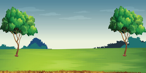 
A cartoon of a green field tree and sky background