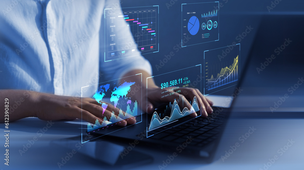 Poster business finance data analytics graph.financial management technology.advisor using kpi dashboard on