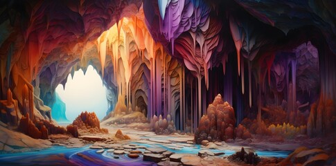 an inside view of a crystalline structure showing rainbow colored colors, in the style of photorealistic landscapes, violet and beige, dark amber and turquoise