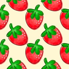 Seamless pattern with red strawberries on yellow background.