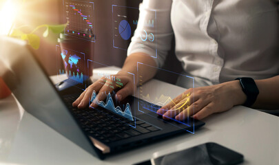 Business finance data analytics graph.Financial management technology.Advisor using KPI Dashboard on virtual screen.	