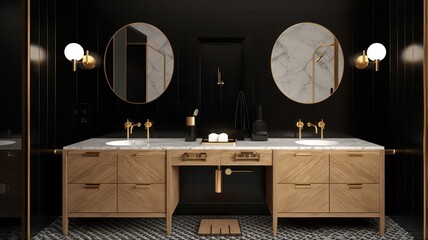 Spacious master bathroom in modern classic style with two sinks. Black walls, large precious wooden cabinet with drawers, large round mirrors with golden frames, marble countertop, Generative AI