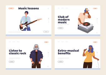 Set of landing page template for online music service streaming techno, rock, pop musical tracks
