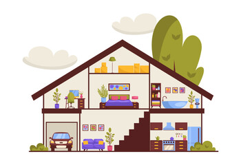 Cutaway house. Detailed modern house interior. Furnished rooms. Vector illustration.
