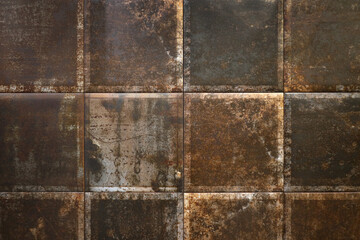 Metal tile with rust background. Rusty metal scale armor. Rusty metal steam punk backdrop. Texture of ferruginous brown wall. Retro rusty rough wall grunge