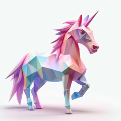 Origami unicorn in soft pastel shades of pink and blue, over white background. Generative AI