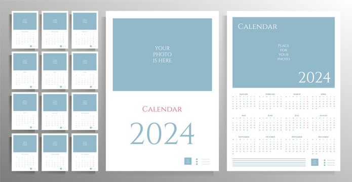Calendar 2024 year. Design options for calendar vector templates with space for your photo. Vertical calendar - A4 posters, and a monthly vertical calendar.