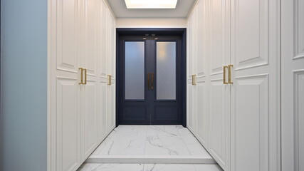 Luxurious entrance hall decorated with wainscoting porcelain tiles