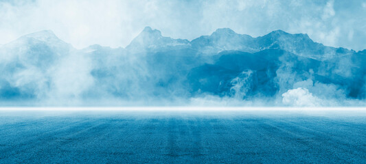 Dark street, asphalt abstract dark blue background, empty dark mountain range scene, with smoke...