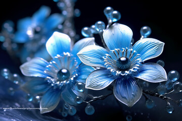 Blue flowers with ornaments on blue background. AI generative