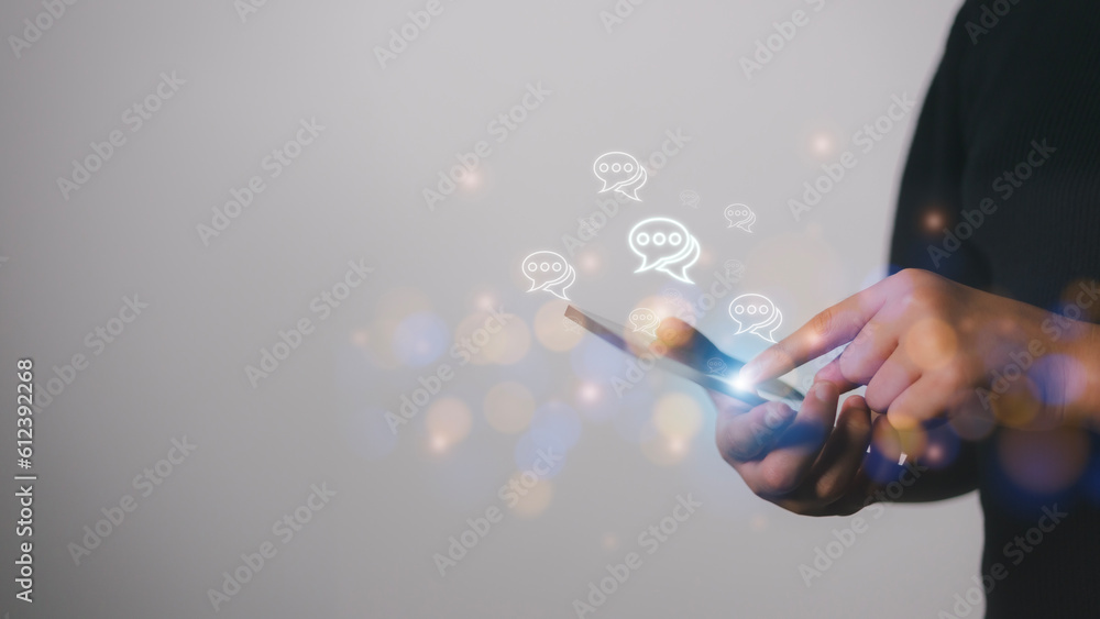 Poster live chat chatting and social network concepts, close-up hands using mobile smartphone with chat box