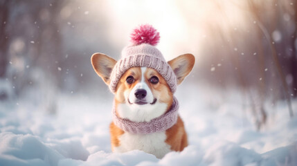 Fototapeta na wymiar Portrait of a winter dog walking in the snow. Dog in hat and scarf blurred background generated ai.