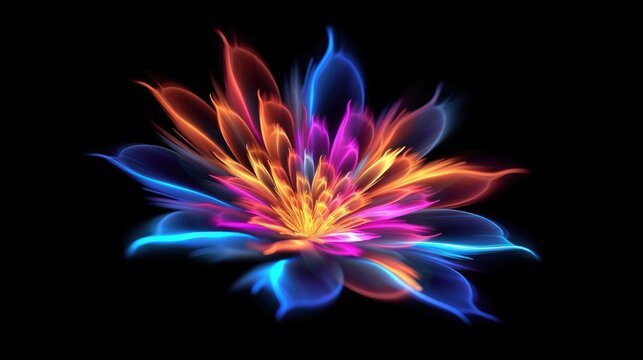 Multicolor neon light drawing, abstract shape flowers isolated on black background. Glowing line art. The Illumination of vibrant radiance of neon flower, Generative AI illustration