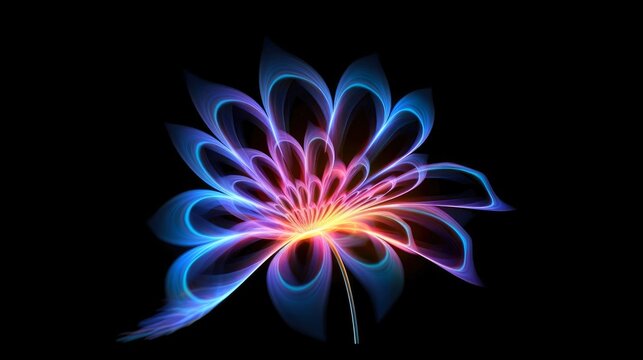 Multicolor neon light drawing, abstract shape flowers isolated on black background. Glowing line art. The Illumination of vibrant radiance of neon flower, Generative AI illustration