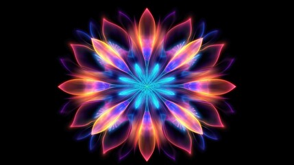 Multicolor neon light drawing, abstract shape flowers isolated on black background. Glowing line art. The Illumination of vibrant radiance of neon flower, Generative AI illustration