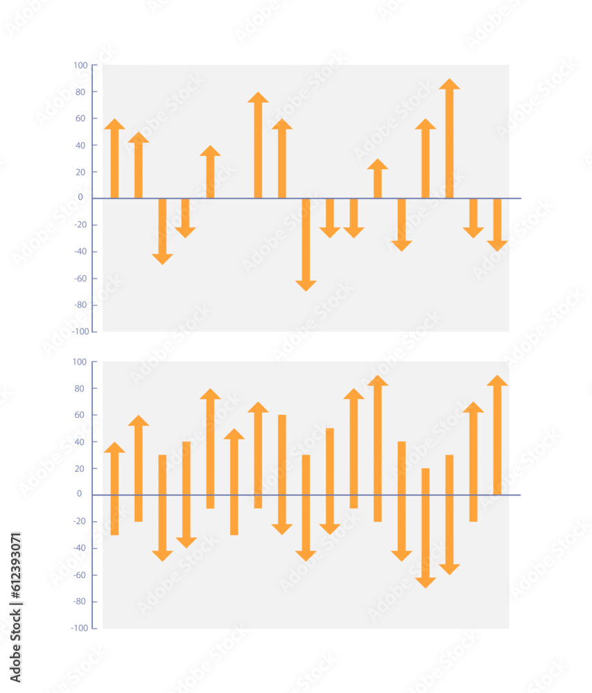 Poster Ups and downs arrows infographic chart design template set. Financial results. Business analytics. Visual data presentation. Editable bar graphs collection. Myriad Pro-Bold, Regular fonts used