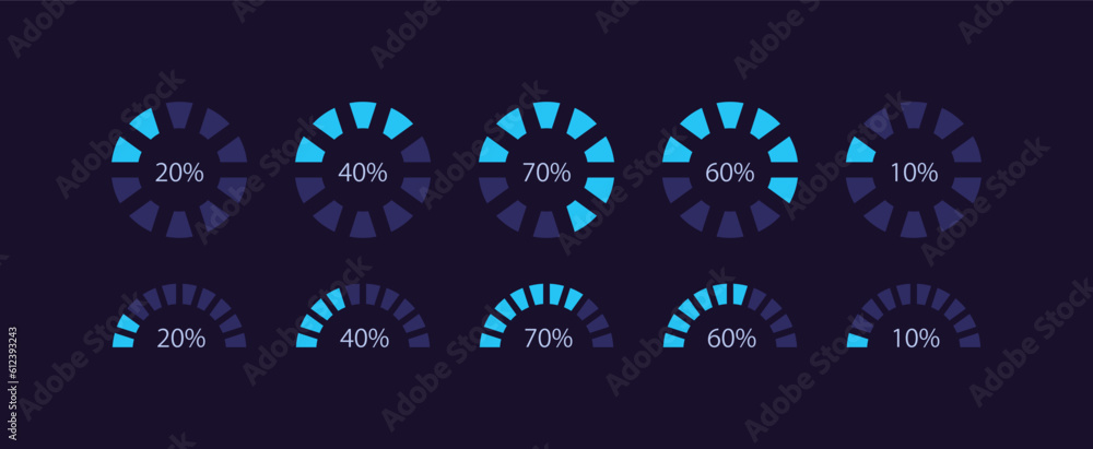 Poster radial wheel progress infographic chart design template set for dark theme. loading circle. visual d