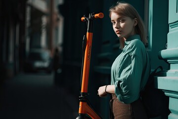 Cool woman using electric scooter. AI generative