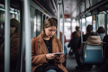 Woman using a mobile phone sitting on the bus. AI generative - 612393686