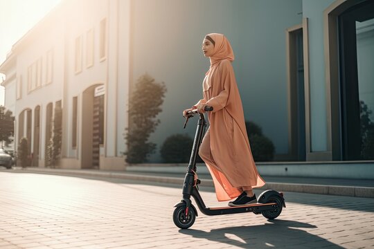 Muslim woman using an electric scooter. AI generative