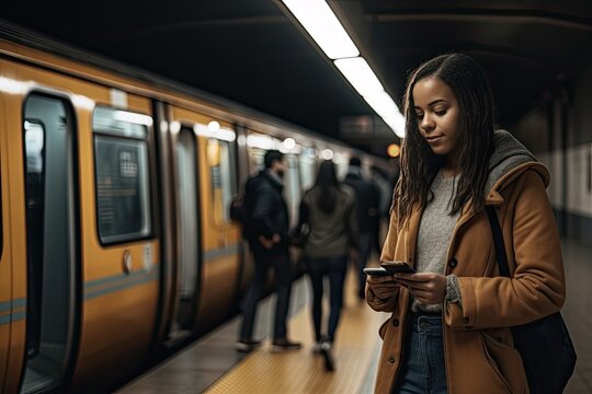 African woman using a mobile phone on the metro. AI generative