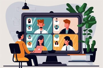 Video conference. Online meeting with group of people