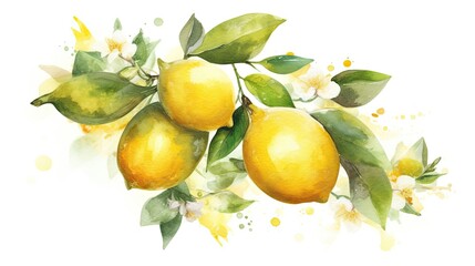 Hand-Painted Citrus Botanical Illustration of Fresh Lemons in Watercolor with Vignetting Background: Generative AI