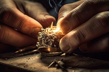 Goldsmith Crafting Diamond Ring. Close-Up Shot of Jewelry Maker at Work with Silver and Gold, Sparkling Diamonds in the Making: Generative AI
