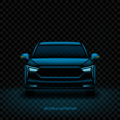 Realistic car silhouette template. Vector illustration with front view on silhouette of car isolated on black dark checkered background.