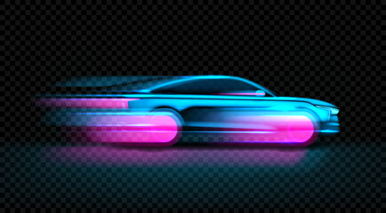 Obraz na płótnie Canvas Template of moving neon glowing sport car silhouette. Vector illustration with side view on high speed moving car with glowing silhouette isolated on checkered background. Concept of electric vehicle.