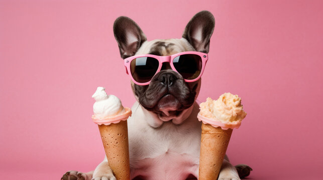 dog and cold sweet ice cream, summer vacation, travel, cooling. Pink background generated ai.