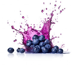 Fresh Blueberry with vivid juice and water splashes isolated on white background, generative AI

