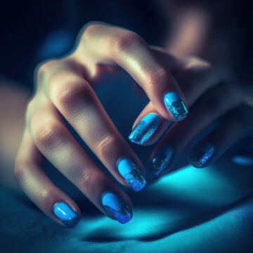 Beautiful female hands with blue manicure close-up, modern stylish manicure, generative ai