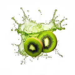 Poster  Fresh kiwi with vivid juice and water splashes isolated on white background, generative AI   © fotogurmespb