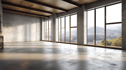 Light empty modern room with a spring landscape in the window. AI generation	
