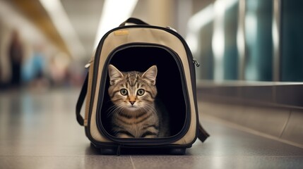 Cat in a cage at the airport. Traveling with animals. AI generation