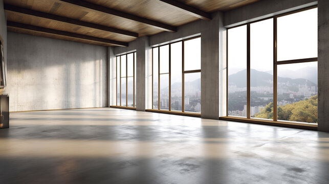 Light empty modern room with a spring landscape in the window. AI generation	
