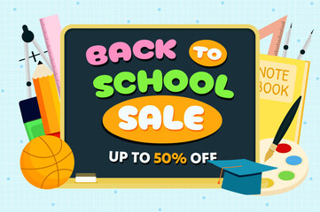 Back to school sale background on blackboard illustration.