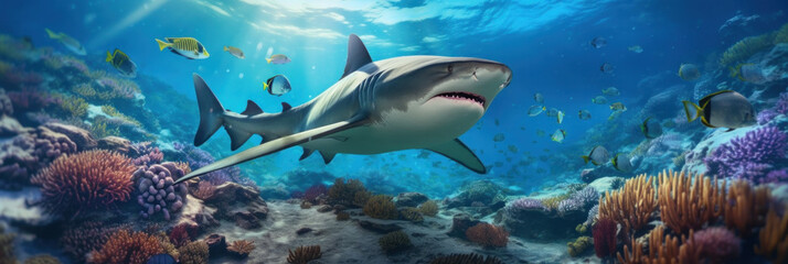 Coral reef landscape and tiger shark. Illustration AI Generative.