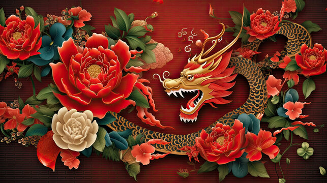 Chinese dragon new year background. Illustration AI Generative.
