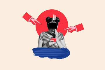 Photo sketch collage picture of shocked sad lady getting hate messages apple samsung iphone device isolated creative background