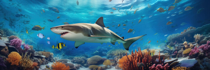 Naklejka na ściany i meble Coral reef landscape and tiger shark. Illustration AI Generative.