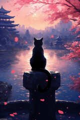 Neon, Cute black Cat sitting in Garden alone and butterflies in garden at night. AI generative