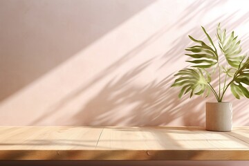 empty wood table product display montage with pastel wall and leaf shadow sun light, generative ai