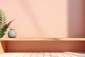 wooden planks for an aesthetically pleasing table or seat, with pastel cement wall, generative ai