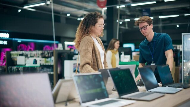 Attractive Woman Discusses Laptop Options with Home Electronics Store Sales Associate. Young Shopper Examines Modern Computer Choices with the Help of a Sales Expert in a Showroom. Slow Motion Footage
