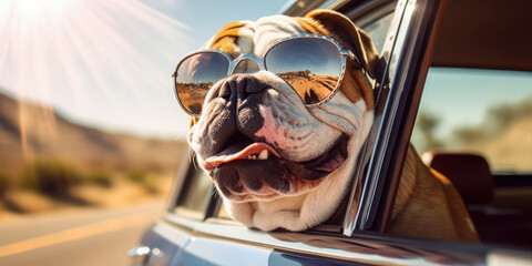 Happy Tails on Wheels: Funny Bulldog Dog with Leash and Sunglasses on Summer Road Trip - Generative AI