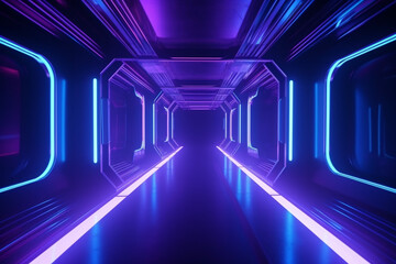 Futuristic Sci-Fi Abstract Blue And Purple Neon Tunnel, Generative AI