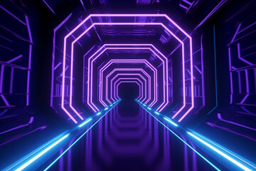 Futuristic Sci-Fi Abstract Blue And Purple Neon tunnel, Generative AI